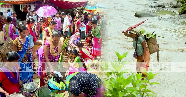 পাহাড়ি বাজার, জমি থেকে ফসল তুলে নদী পার হচ্ছেন একজন নারী কৃষক